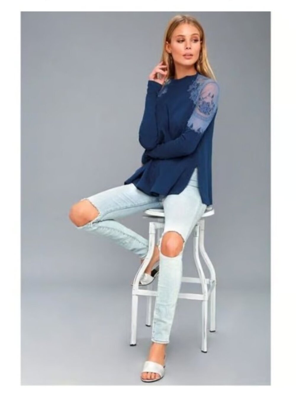 Free People Daniela Lace Ribbed Knit Top‎ Size Small Blue Sheer Boho Mesh